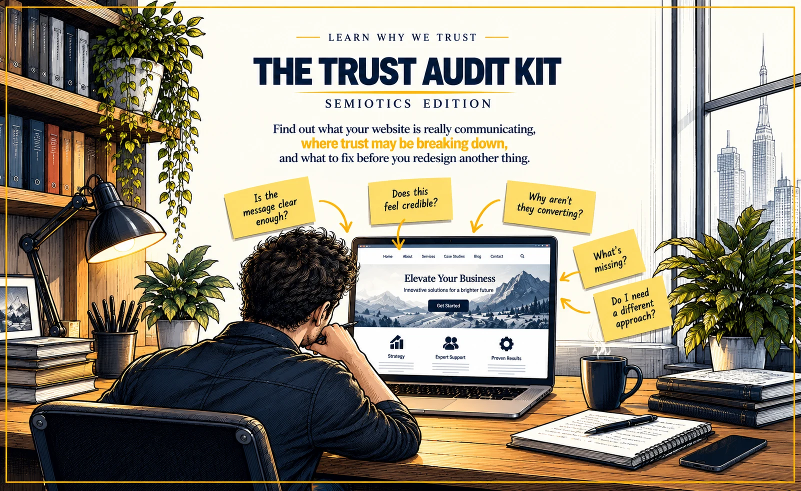 The Trust Audit Kit: Semiotics Edition. A founder studies a professional-looking website while sticky notes ask: Is the message clear enough? Does this feel credible? Why aren't they converting? What's missing? Do I need a different approach?